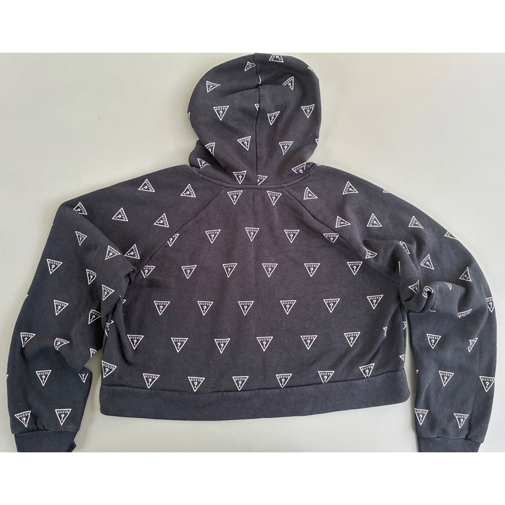 Guess Los Angeles Women XL Cropped Hoodie Black All Over Logo Print Y2K - Picture 2 of 6